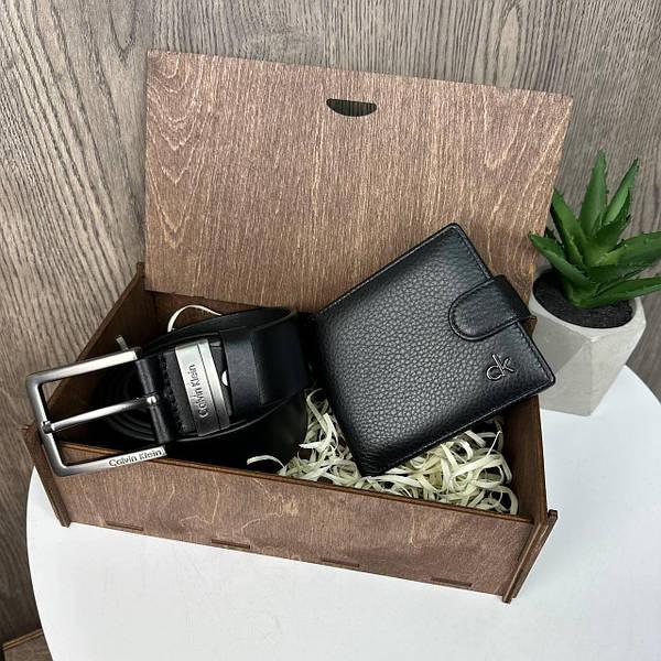 Чоловічий подарунковий набір шкіряний гаманець Calvin klein + ремінь Кельвін Кляйн у подарунковій коробці преміум, фото 1