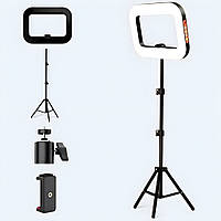 Акумуляторна прямокутна LED лампа зі штативом та утримувачем телефону  Чорний