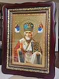 Ікона Святий Миколай Чудотворець в темному дерев'яному фігурному кіоті під склом, розмір кіота 39*29,сюжет 20×30, фото 2