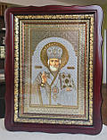 Ікона Святий Миколай Чудотворець в темному дерев'яному фігурному кіоті під склом, розмір кіота 39*29,сюжет 20×30, фото 3