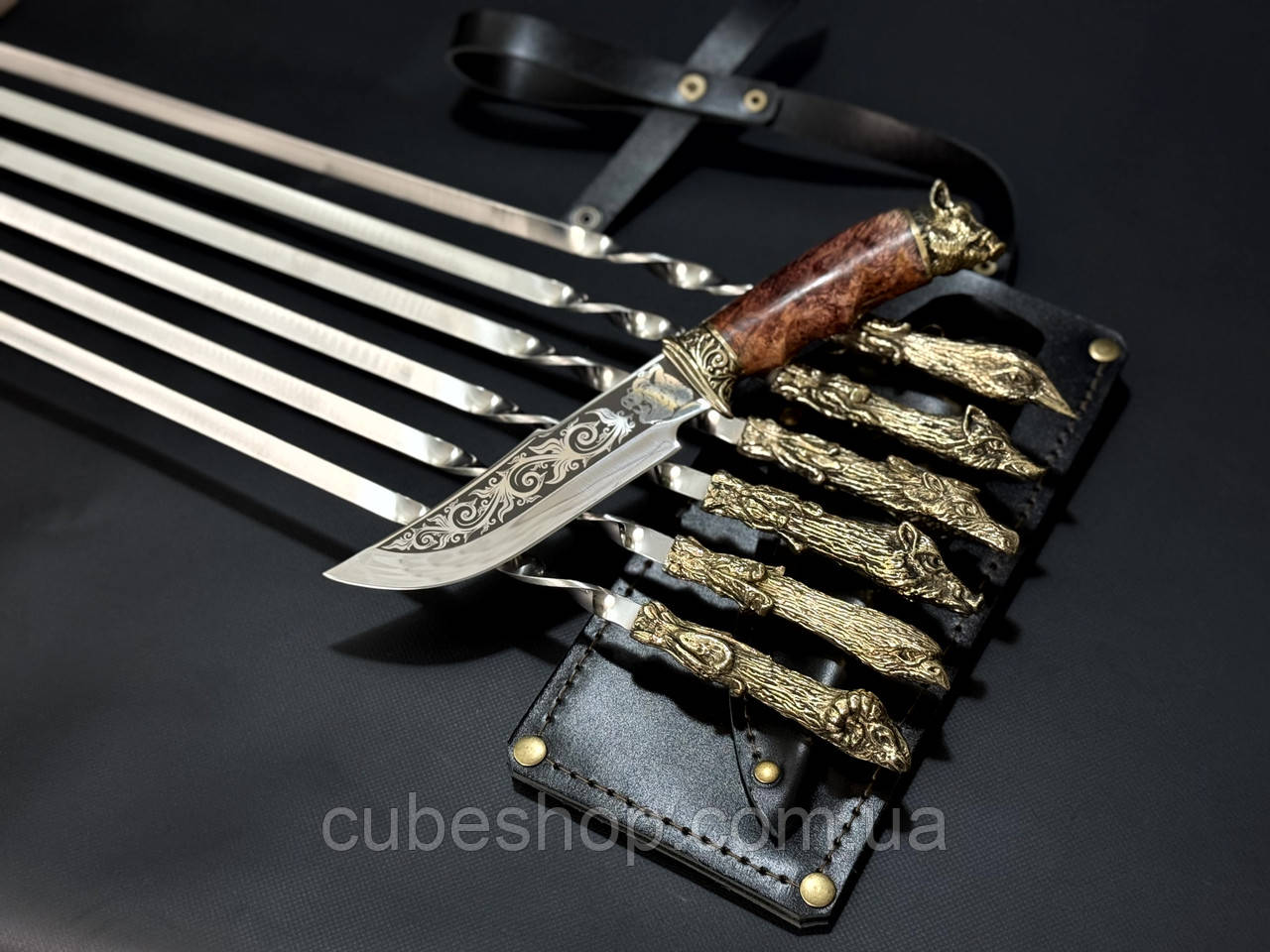 Набір шампурів «Мисливський трофей» з ножем (в шкіряному сагайдаку)
