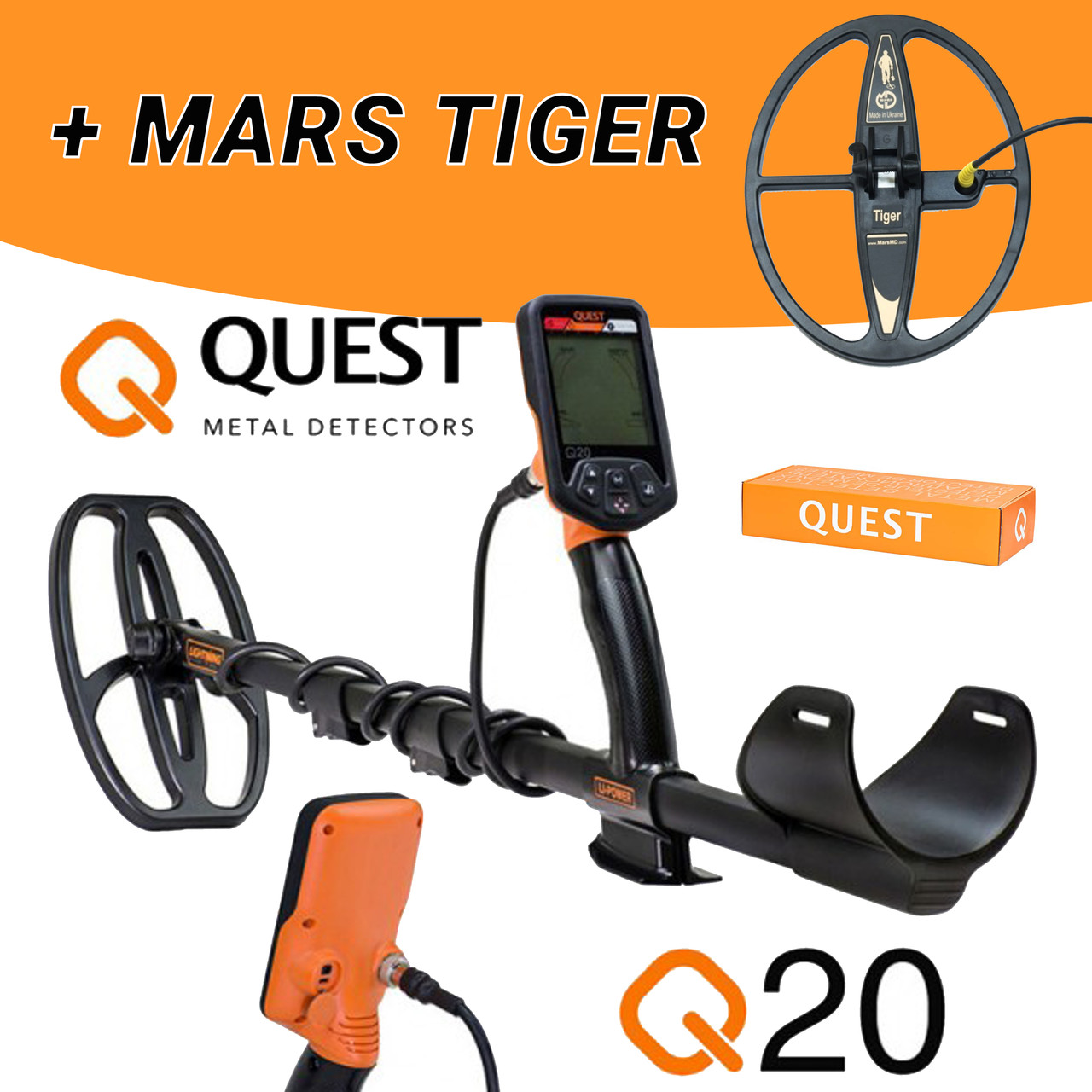 Металошукач грунтовий Quest Q20 + Mars Tiger - Офіційна гарантія! 2 котушки в комплекті!