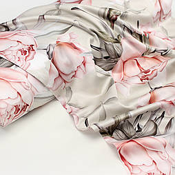 Сатин digital, ширина 240 см "Пудрові Півонії" на сіро-кавовому фоні № TH-3487