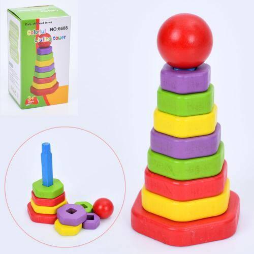 Дерев'яна іграшка Пірамідка MD 0865, 17 см, кільця 7 шт., фото 1