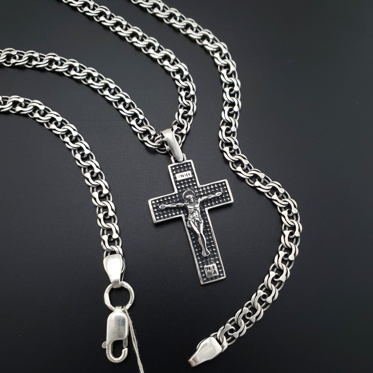 Срібна цепочка з хрестиком чоловіча. Срібний хрестик освячений Спаси Збережи ланцюжок на шию бісмарк 55 см, фото 1