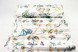 Сатин digital, ширина 240 см "Листя зі східною квіткою та метеликами" на білому № TH-3489, фото 3