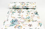 Сатин digital, ширина 240 см "Листя зі східною квіткою та метеликами" на білому № TH-3489, фото 2