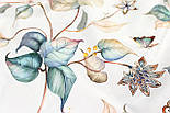 Сатин digital, ширина 240 см "Листя зі східною квіткою та метеликами" на білому № TH-3489, фото 5