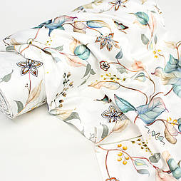 Сатин digital, ширина 240 см "Листя зі східною квіткою та метеликами" на білому № TH-3489