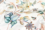 Сатин digital, ширина 240 см "Листя зі східною квіткою та метеликами" на білому № TH-3489, фото 9