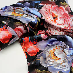 Сатин digital, ширина 240 см "Пудрові та блакитні квіти" на чорному тлі № TH-3490