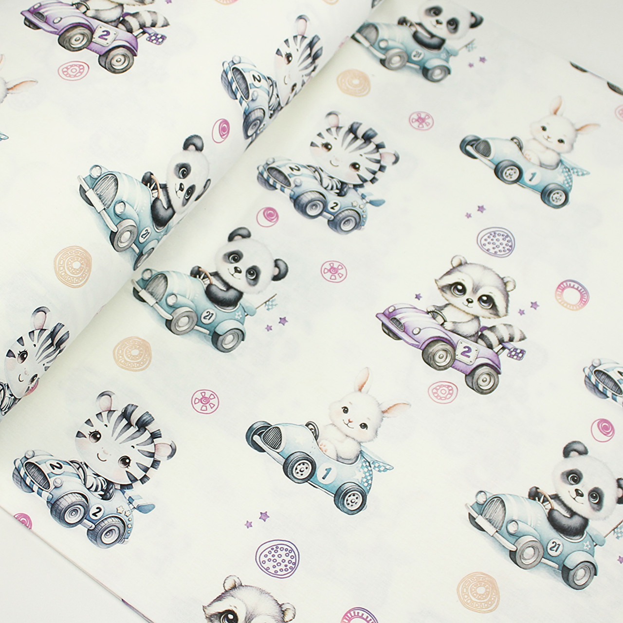 Ранфорс digital "Єноти, панди та кролики на машинках" № N-3492, фото 1