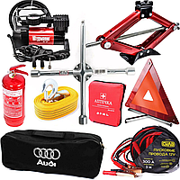 Набір автомобіліста Audi з домкратом та компресором 9 одиниць автонабір тех допомоги