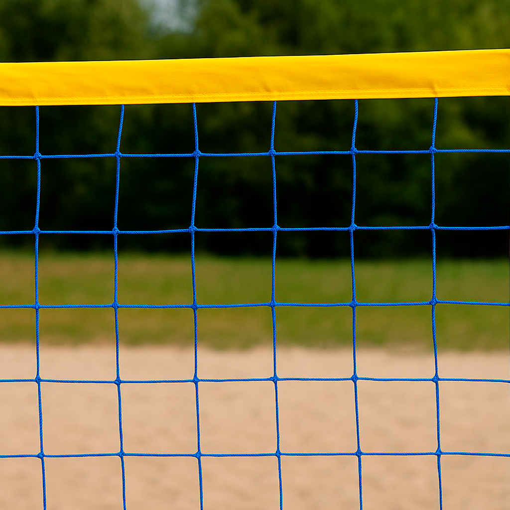 Сітка для пляжного волейболу безвузлова «Еліт 15» з паракордом, сітка волейбольна, пляжна, синьо-жовта, фото 1