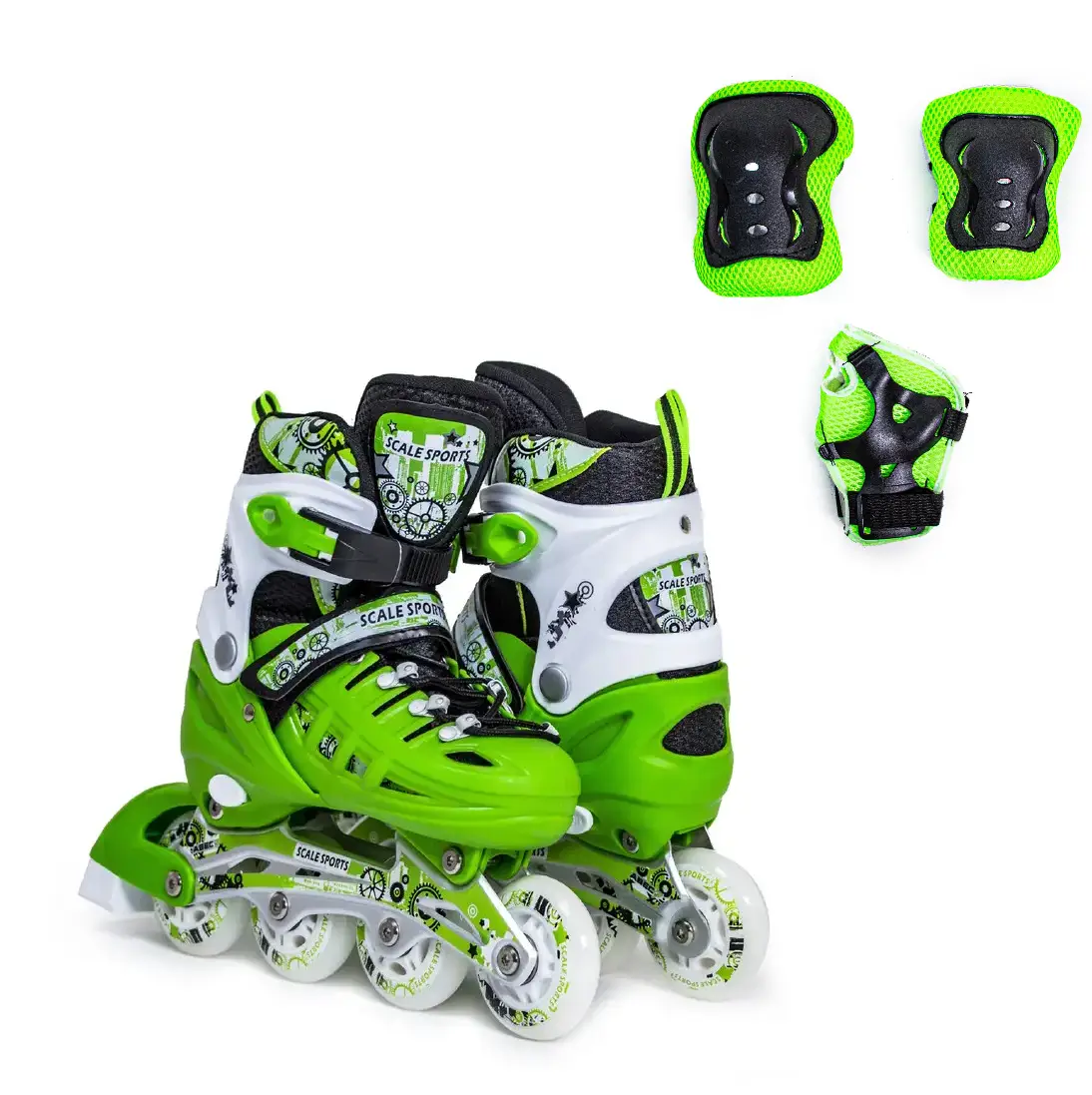 Дитячі ролики з м'якими колесами + комплект захисту Scale Sports Салатові. Розмір 38-41, фото 1