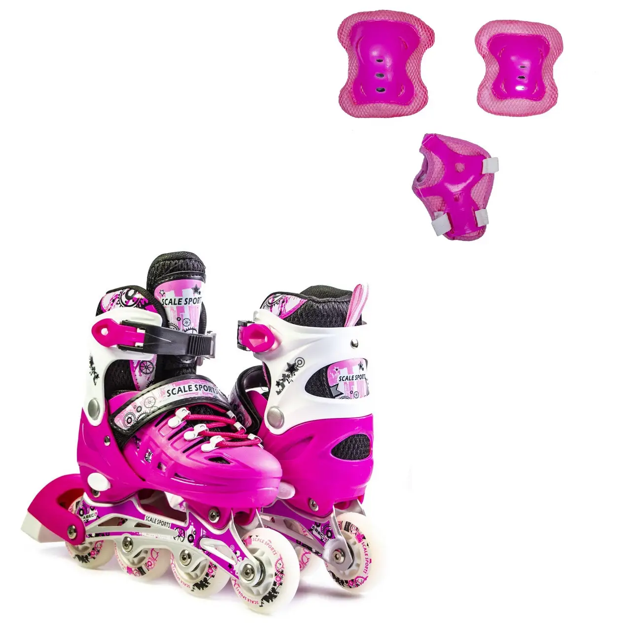 Набір роликів із захистом на коліна, лікті та долоні Scale Sports. Малиновий колір, розмір 34-38, фото 1