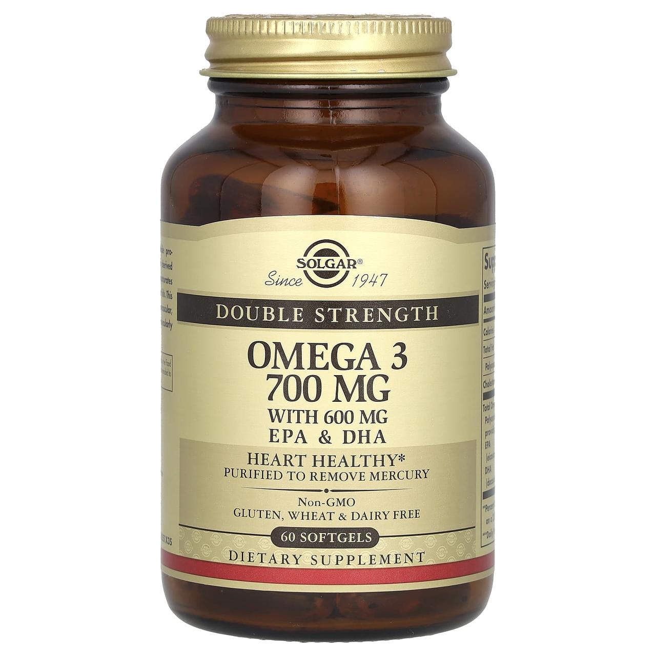 Омега-3, риб'ячий жир, Omega-3, EPA & DHA, Solgar, подвійна сила, 700 мг, 60 гелевих капсул, фото 1