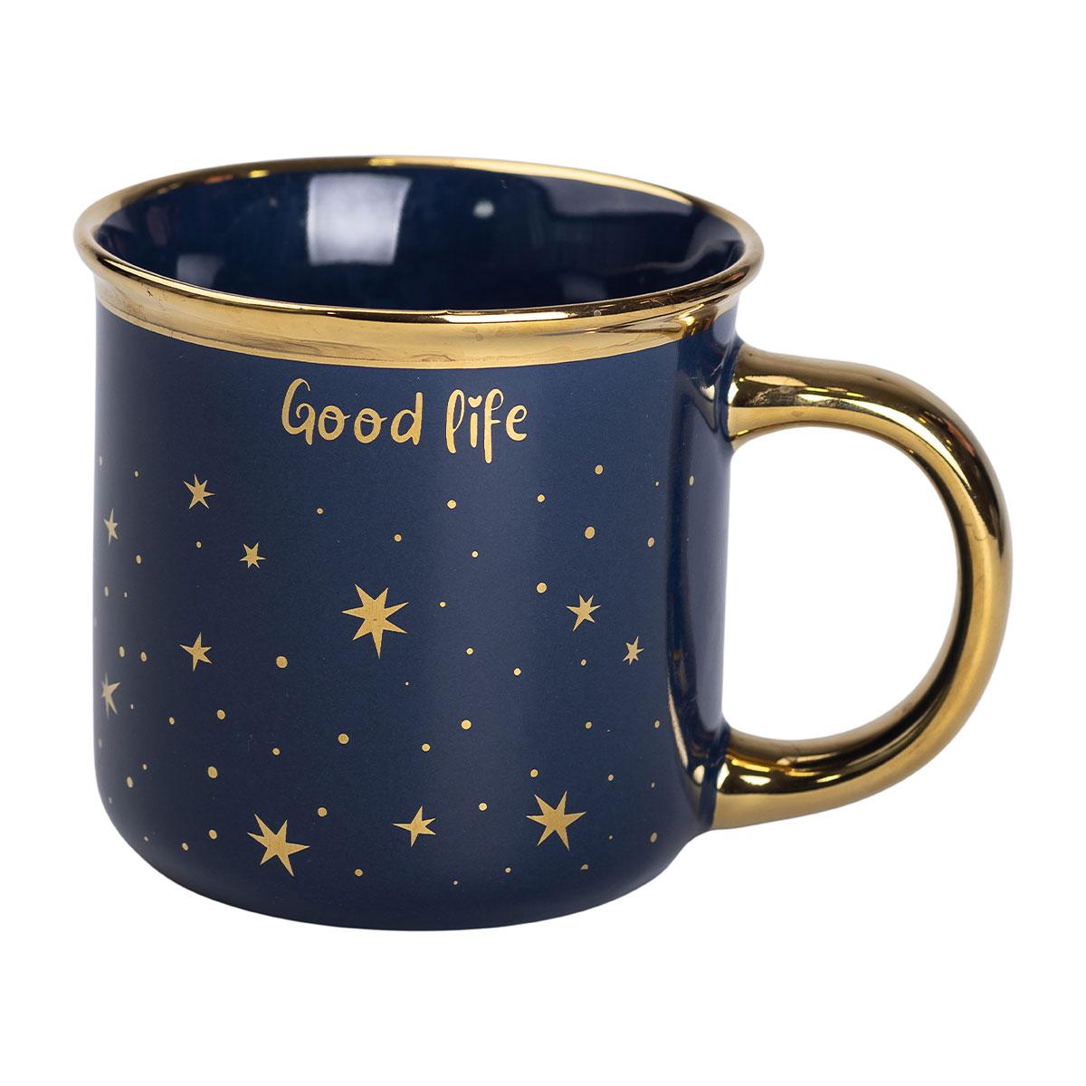 Чашка керамічна із золотим обідком та позолоченою ручкою 320 (мл) Good life Синя RX-N231506BL
