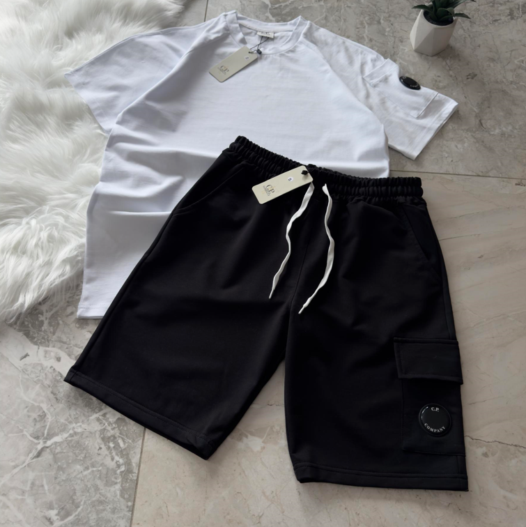 Костюм шорти футболка CP Company Сіпі Компані літній чорний білий комплект чоловічий жіночий