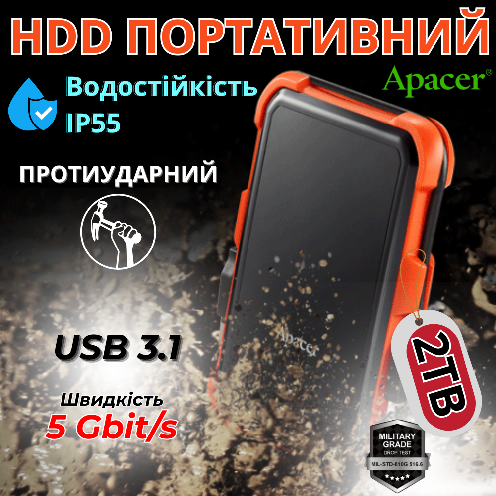 Портативний жорсткий диск ЮСБ 3.1 для ПК ноутбука зовнішній накопичувач HDD на 2 Тб для зберігання даних Apacer