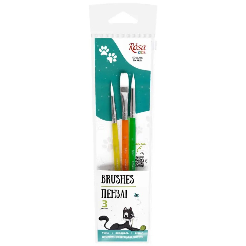 Набір пензлів 3 шт синтетика 6,8,10, асорті, Rosa Kids, фото 1
