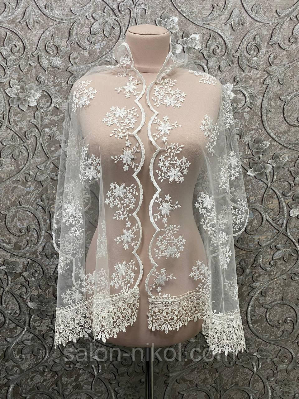 Весільна мереживна шаль (шарф, хустка, косинка) в айворі кольорі, вінчальна шаль, шарф у церкву (храм), фото 1