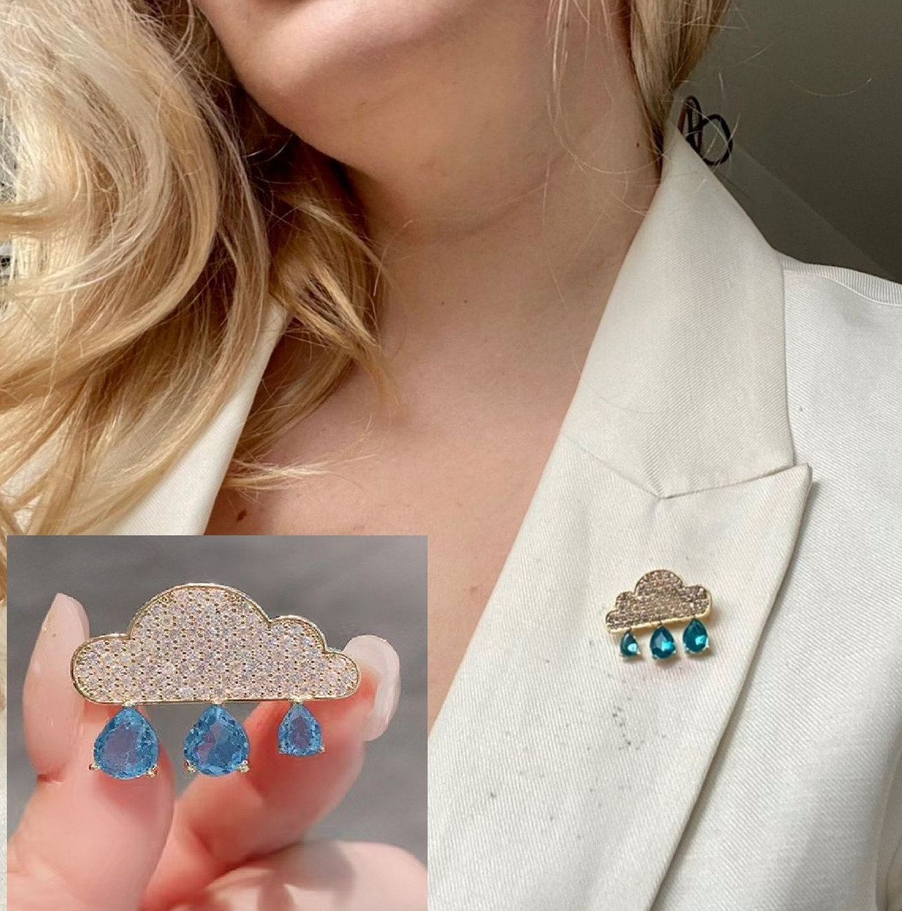 Міні Брошка "Тучка та краплі дощу", біжутерія з кристалами (2.5х2, см), значки, піни, фото 1