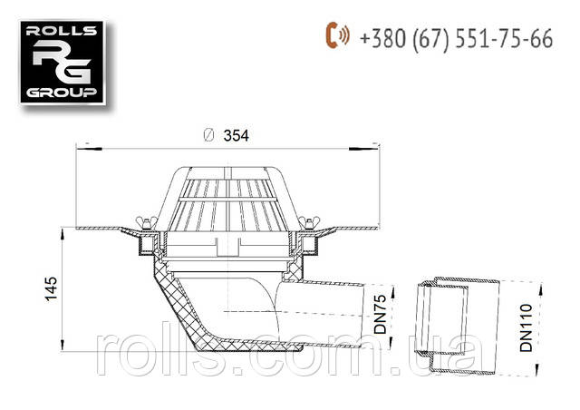 Креслення розміри HL64 Покрівельна лійка горизонтальна DN75/110
