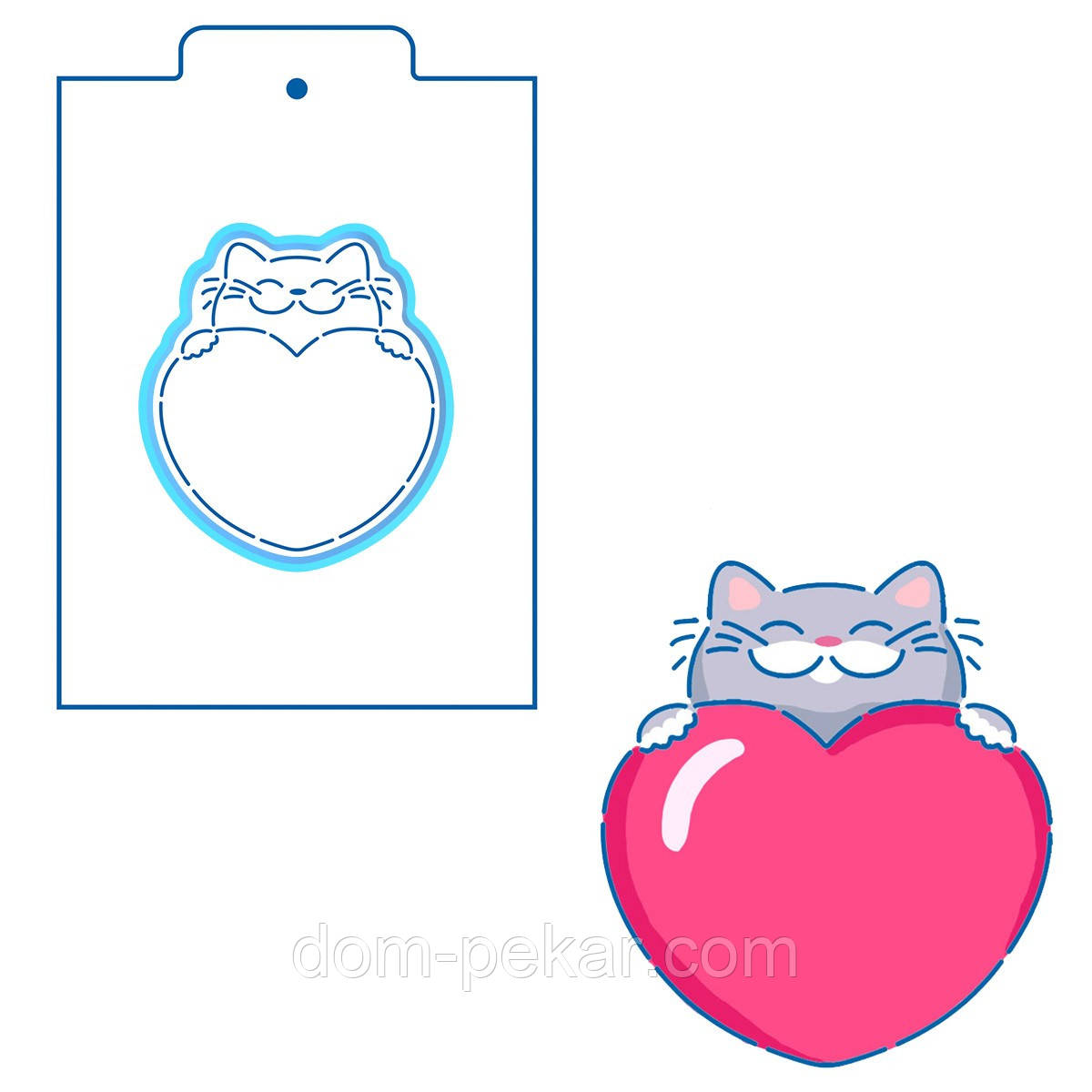 Котик з серцем вирубка з трафаретом 10*9 см (TR-2)