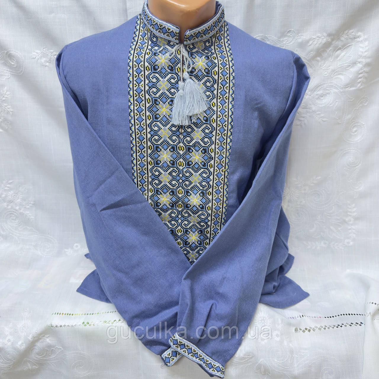 Чоловіча вишиванка ручної роботи синій льон комір 40, фото 1