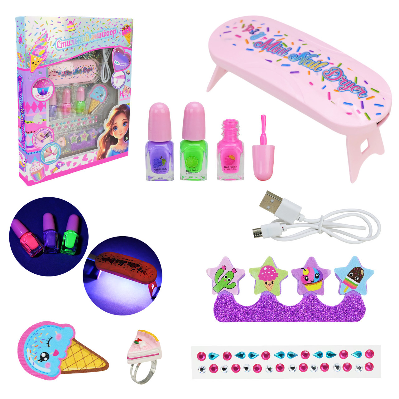 Набір косметики арт. UKR2404 (24шт/4)    укр. паковка, неонові лаки в асортименті, лампа сушарка з USB