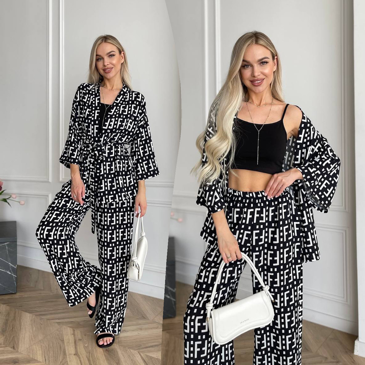 Чорний жіночий прогулянковий костюм з американського крепу з абстрактним принтом, фото 1