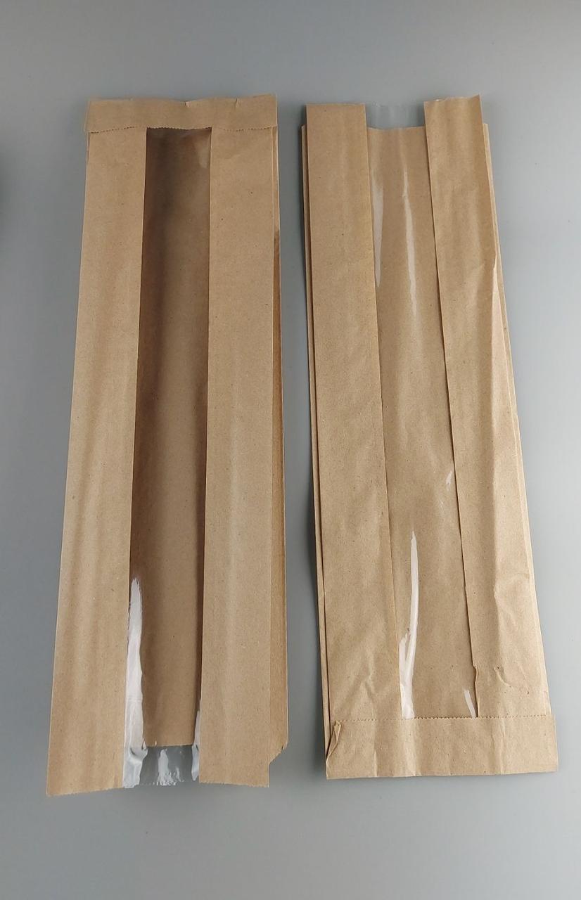 Бумажные пакеты крафт с прозрачным окошком 12/5*41 коричневый (100 шт), фото 1