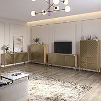 Комплект меблів для вітальні LION Амарант 4 елементи з золотими металевими ніжками Дуб Аппалачі/Перламутровий металік