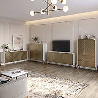 Комплект меблів для вітальні LION Амарант 4 елементи з золотими металевими ніжками Бетон Style/Перламутровий металік (LION-042337)