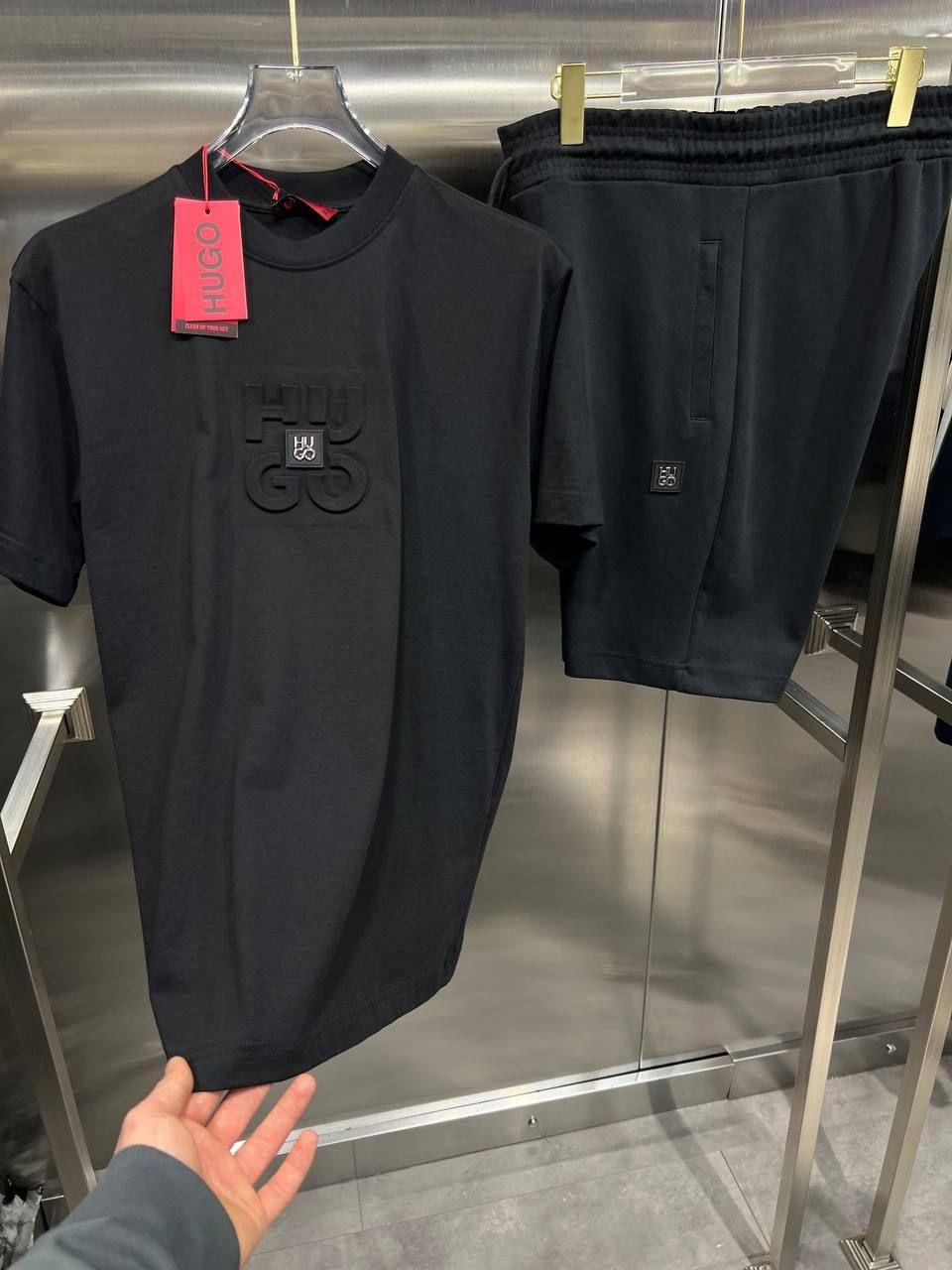 Чоловічий літній костюм Hugo Boss футболка та шорти CK9667 чорний, фото 1