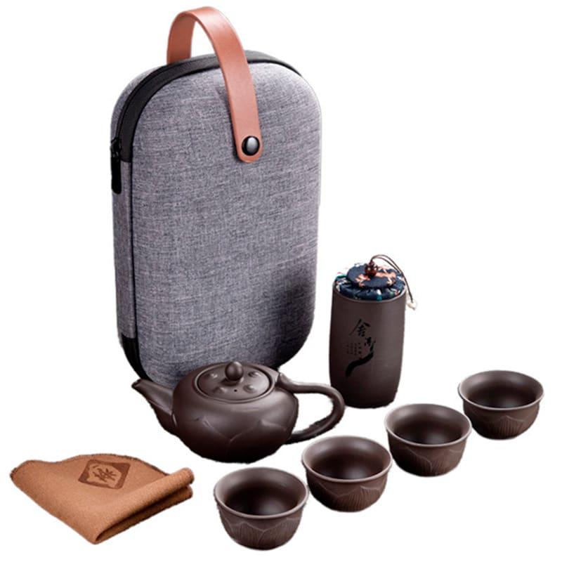 Дорожній набір для чаювання у футлярі сірий Чайник лотос на 240мл та 4 піали по 50мл