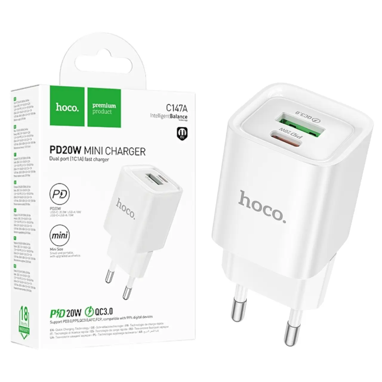 Мережевий зарядний пристрій адаптер Hoco C147A QC3.0 PD 20W USB-A USB-C White