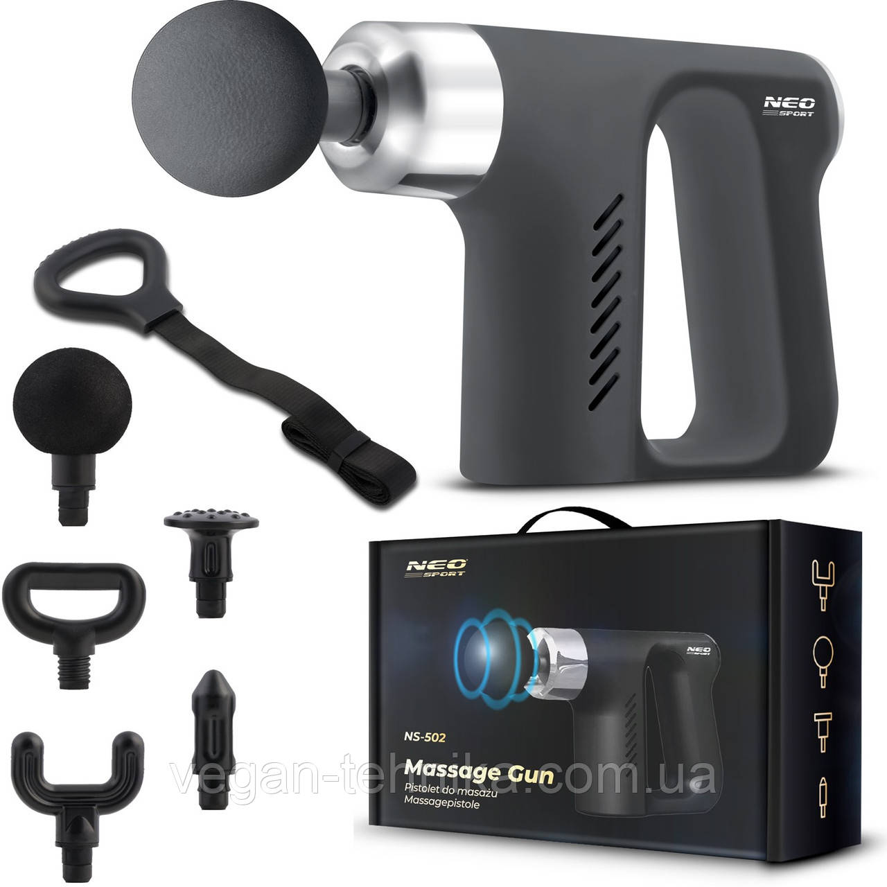 Масажний пістолет Neo-Sport NS-502 — потужний масажер для тіла з 4 насадками та масажним ременем, фото 1