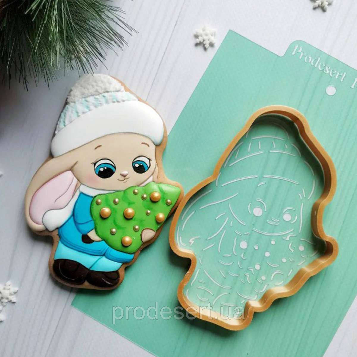 Зайка з ялинкою вирубка з трафаретом 12*8,2 см (TR-2)