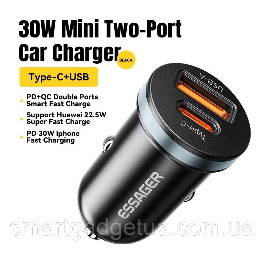 Міні Автомобільний зарядний пристрій Essager (SR-01-P) 30W / Black / Car Charger USB-A Type-C