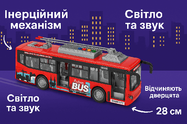 Інерційний тролейбус іграшка 28 см - світло, звук, передні та задні двері JS121
