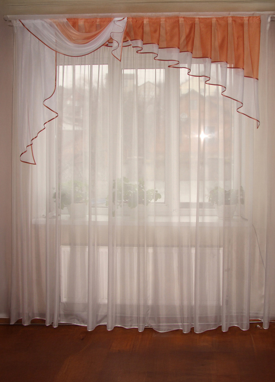 Ламбрекен Firanka Simple асиметричний, карниз 200см, шифон цегляний з білим (20_1_2м), фото 1