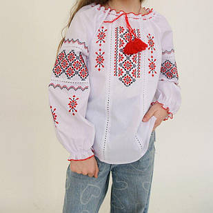 Класична дитяча вишиванка Марта, біла, вишивка хрестиком  червона, 4,5,6,7,8,9,10,11,12,13,14,15 років