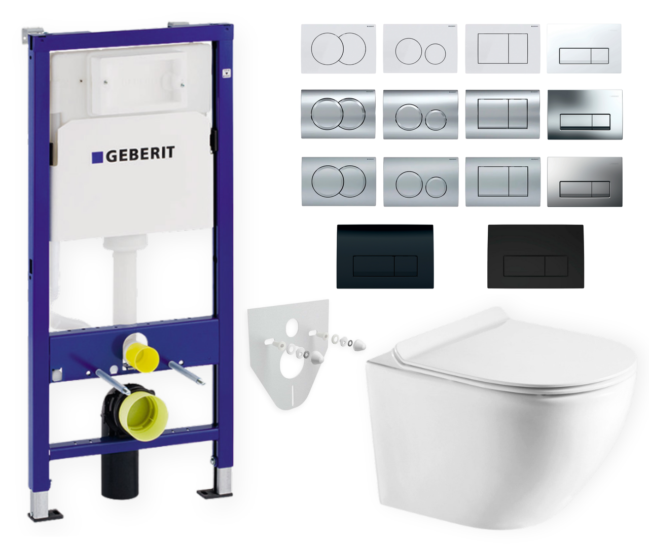 Комплект 5в1: інсталяція Geberit  + безобідковий унітаз Round Smart білий, змив TORNADO + клавіша на вибір
