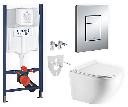 Комплект 5в1: інсталяція Grohe + безобідковий унітаз Round Smart білий, змив TORNADO + клавіша хром глянцева, фото 1