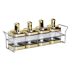 Набір з 4 скляних банок 350 мл на підставці з ложкою для сипучих продуктів золото