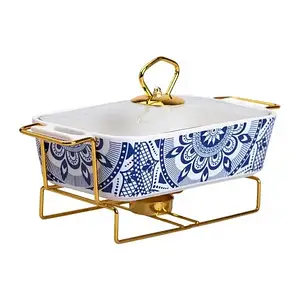 Керамічна прямокутна мармітниця зі скляною кришкою на 1л на металевій підставці 27,5×13,5×14 біла