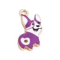 Підвіски металеві Finding Кулон собака коргі Золотистий емаль фіолетова і біла 18 мм x 9 мм