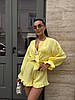 Лимонний жіночий літній легкий натуральний костюм-двійка з мусліну: короткі Шорти та Сорочка на ґудзиках, фото 3
